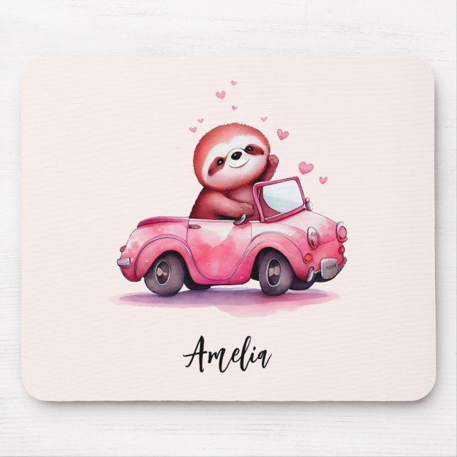 Tapis De Souris Cute Sloth Driving a Pink Convertible (Devant)
