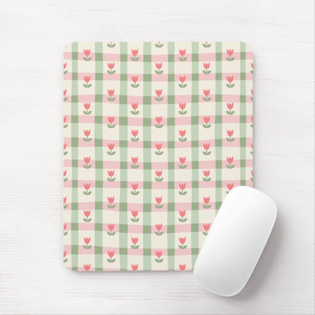 Tapis De Souris Cute Tulip Checkered Pattern | Pastel Floral  (Avec souris)
