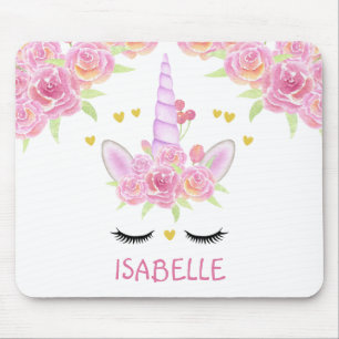 Tapis De Souris Cute Unicorn Face Pink Flowers Gold Hearts 