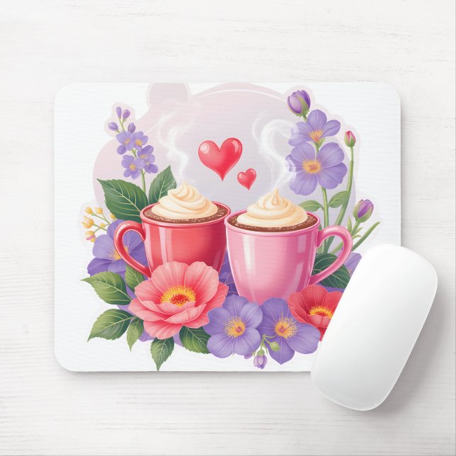 Tapis De Souris Cute Valentine Cocoa Mugs with Flowers & Hearts (Avec souris)