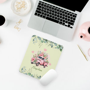 Tapis De Souris Cute Vintage Camion Rose Floral Vert Folio