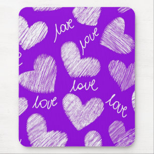 Tapis De Souris Cute violet blanc Scribblé Coeur avec script d'amo