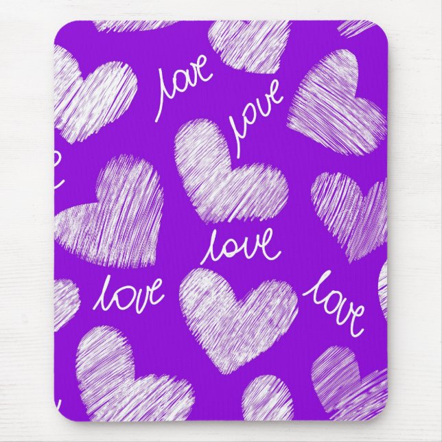 Tapis De Souris Cute violet blanc Scribblé Coeur avec script d'amo (Devant)