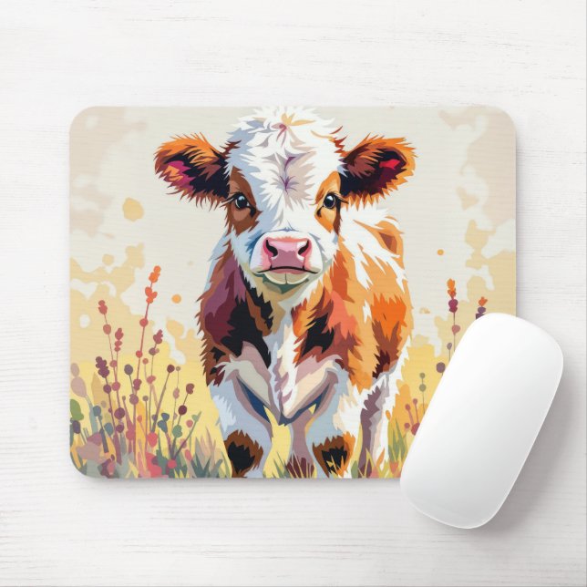 Tapis De Souris Cute Watercolor Calf In Field Weeds (Avec souris)