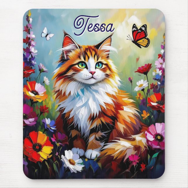 Tapis De Souris Cute Whimsical  Cat, Flowers and Butterflies (Devant)