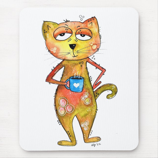 Tapis De Souris Cute Whimsical Fatigué Chat Boire Café (Devant)