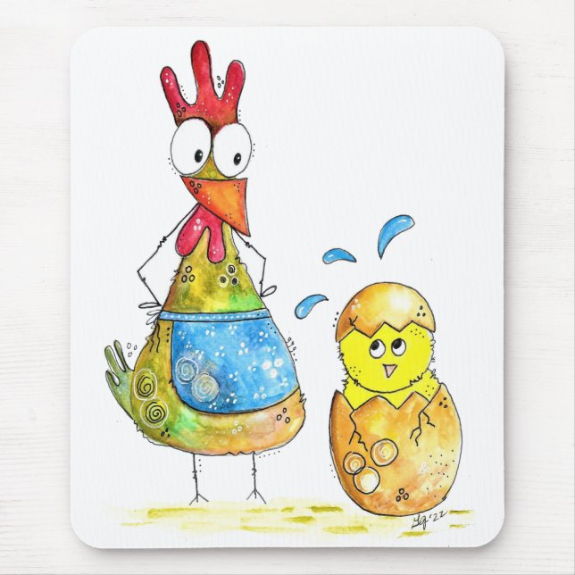 Tapis De Souris Cute Whimsical Mama poulet avec bébé (Devant)