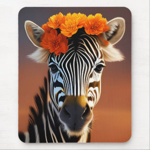 Tapis De Souris Cute Zebra portant des fleurs orange