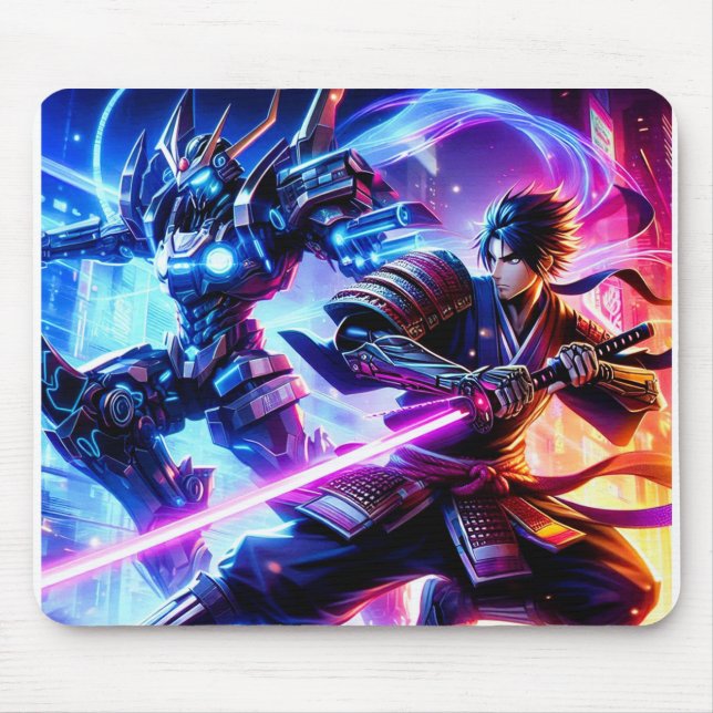 Tapis De Souris CyberSamurai vs Mech Warrior-Neon Bataille Mousepa (Devant)