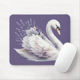 Tapis De Souris Cygne aquarelle avec fleurs de lavande