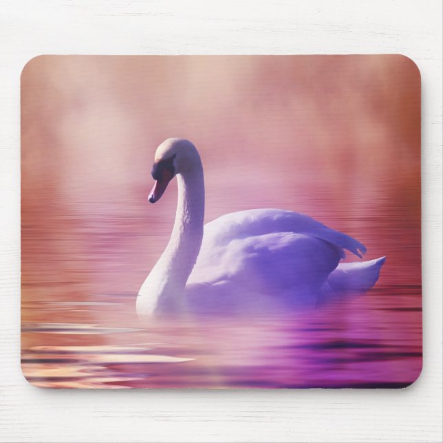 Tapis De Souris Cygne blanc flottant sur un lac brumeux (Devant)