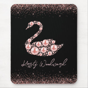 Tapis De Souris Cygne élégant perle rose sur fond noir