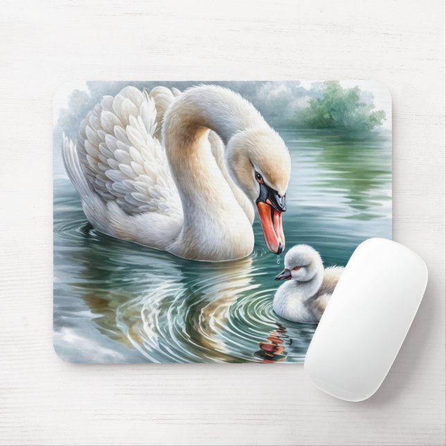 Tapis De Souris Cygne mère avec cygnelet (Avec souris)
