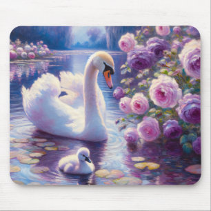 Tapis De Souris Cygnet blanc avec Roses violets