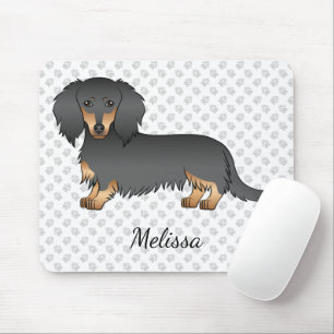 Tapis De Souris Dachshund à cheveux longs et noirs Chien et nom