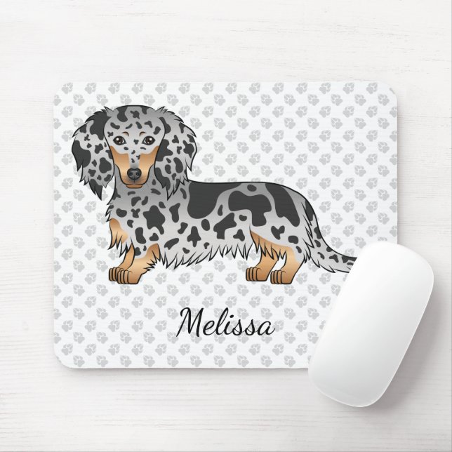 Tapis De Souris Dachshund à poil long noir et tan panaché & Nom (Avec souris)