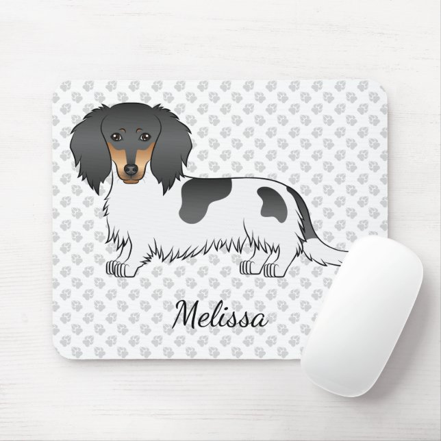 Tapis De Souris Dachshund à poils longs piebalde noir et feu & Nom (Avec souris)