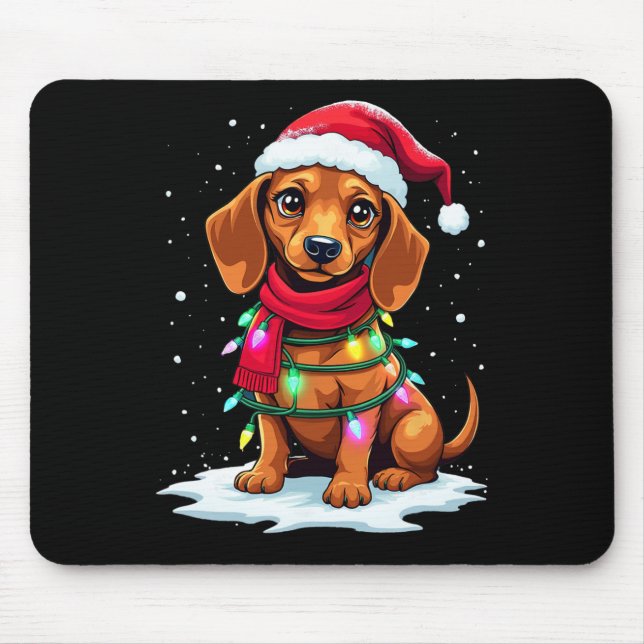 Tapis De Souris Dachshund Arbre de Noël mignonne Santa Hat Lights  (Devant)