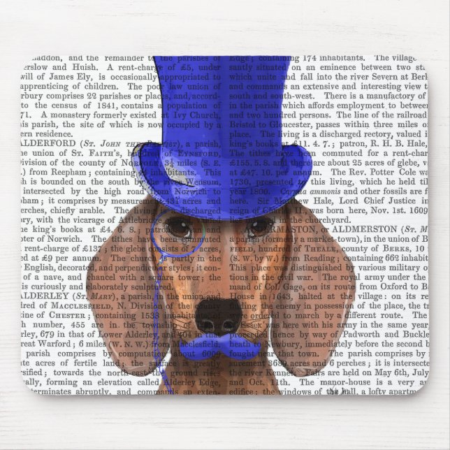 Tapis De Souris Dachshund avec chapeau bleu et moustache bleue (Devant)
