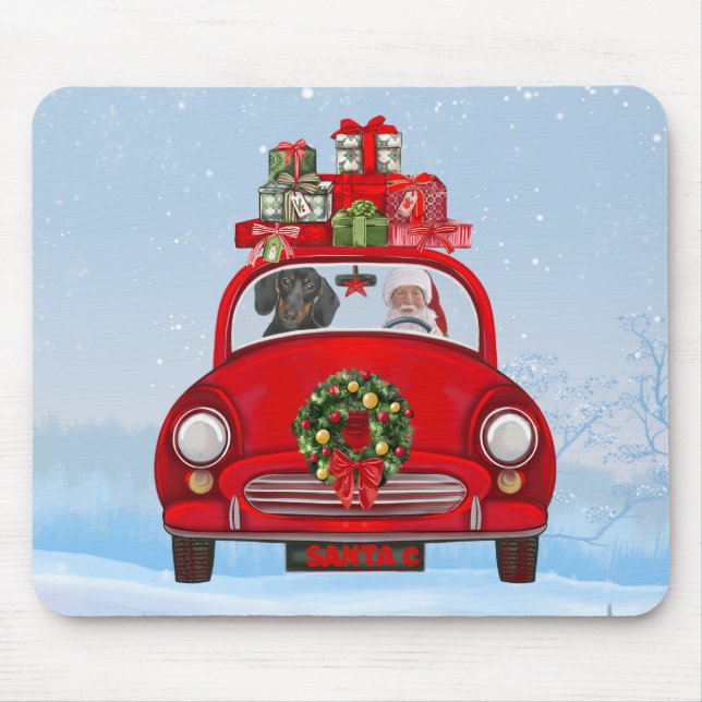 Tapis De Souris Dachshund Chien En Voiture Avec Le Père Noël (Devant)