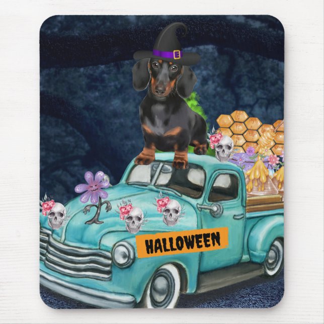 Tapis De Souris Dachshund Dog Halloween Truck Scary Night  (Devant)