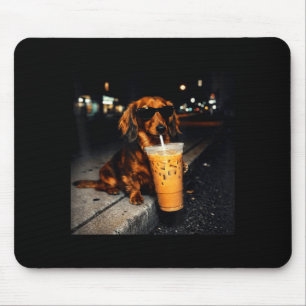 Tapis De Souris Dachshund drôle buvant du café glacé mème de chien