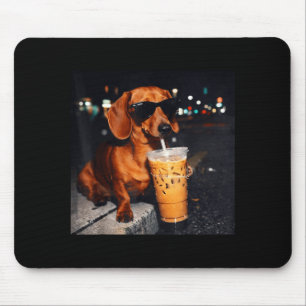 Tapis De Souris Dachshund drôle buvant un café glacé amateur d'hum