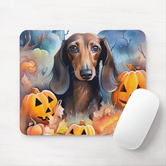 Tapis De Souris Dachshund Halloween avec citrouilles effrayant (Avec souris)