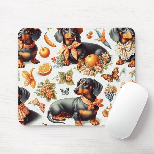 Tapis De Souris Dachshund vintage sans couture (Avec souris)