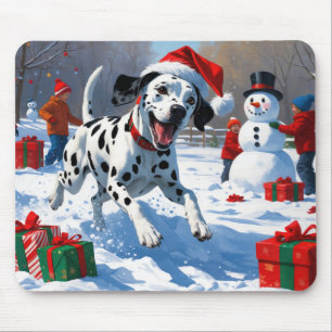 Tapis De Souris Dalmatien courant dans la neige avec un chapeau de
