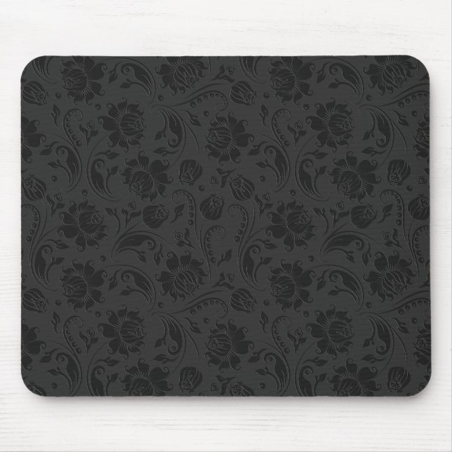 Tapis De Souris Damas florales monochromatiques noir et gris foncé (Devant)