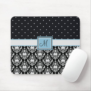 Tapis De Souris Damas noir et blanc et monogramme à pois