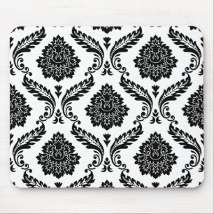 Tapis De Souris Damas Rococo Grand Motif Noir sur Blanc