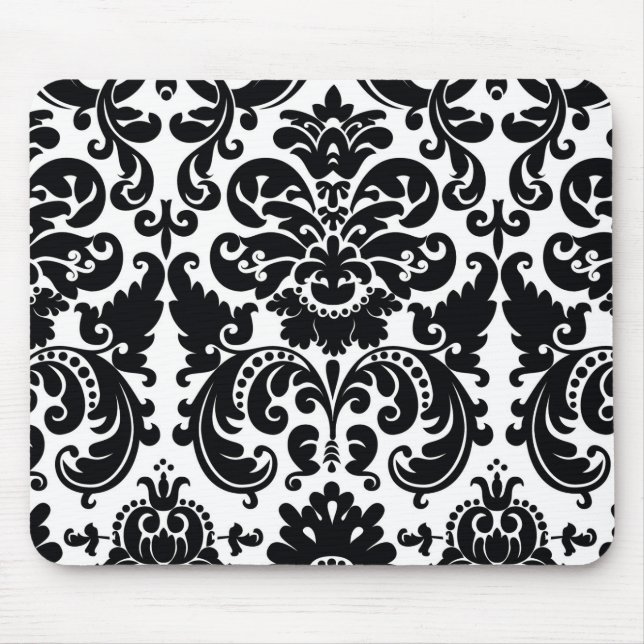 Tapis De Souris Damask Black Blanc Élégant Chic Ordinateur Souris  (Devant)