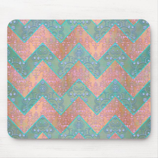 Tapis De Souris Damask Chevron Floral Rose et Menthe (Devant)