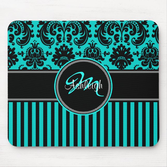 Tapis De Souris Damassé blanche Mousepad de rayure de noir d'Aqua (Devant)