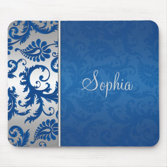 Tapis De Souris Damassé bleue et argentée Mousepad (Devant)