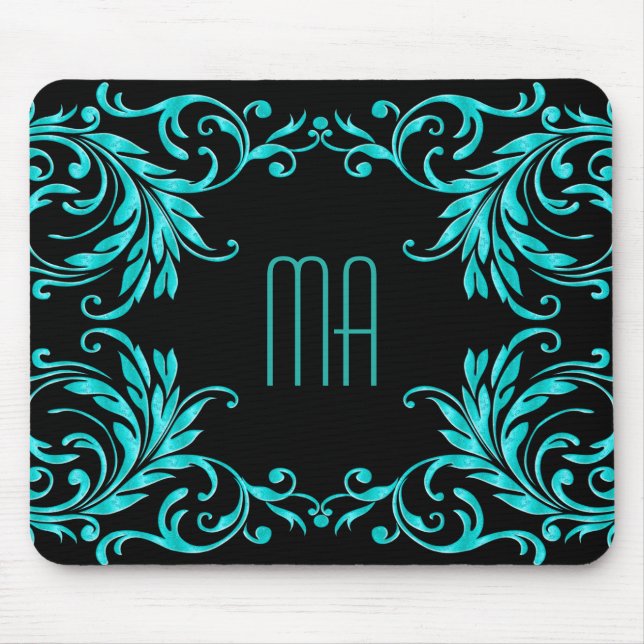 Tapis De Souris Damassé de bleu d'Aqua de monogramme (Devant)