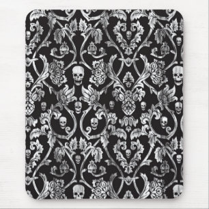 Tapis De Souris Damassé de crâne en noir et blanc.