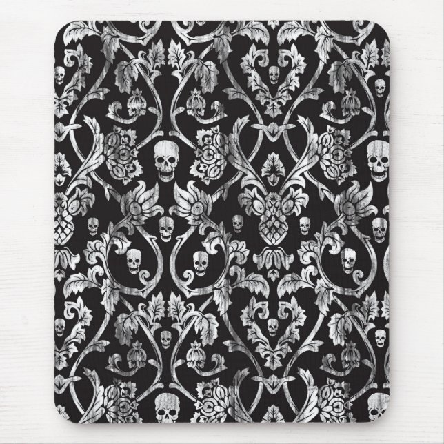 Tapis De Souris Damassé de crâne en noir et blanc. (Devant)