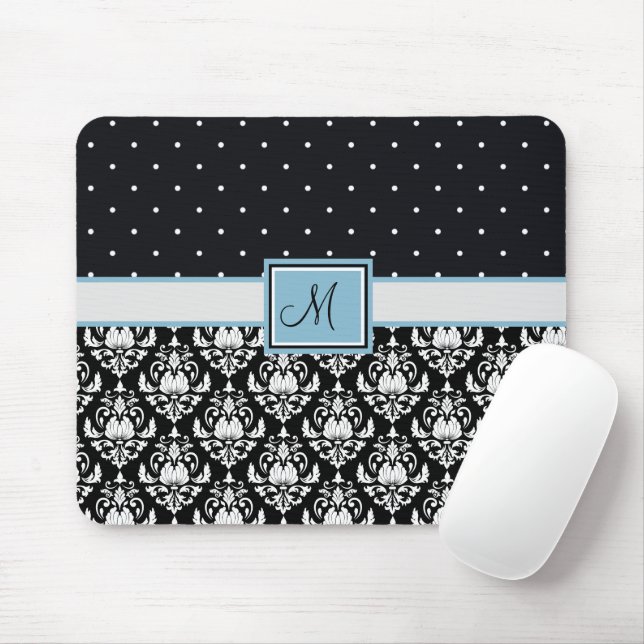 Tapis De Souris Damassé noir et blanc et monogramme à pois (Avec souris)