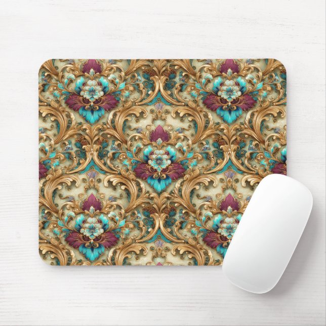 Tapis De Souris Damassé Orné Turquoise et Or (Avec souris)
