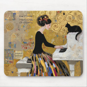 Tapis De Souris Dame au piano de Klimt en or avec chat noir