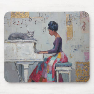 Tapis De Souris Dame au piano scintillante chat violet gris