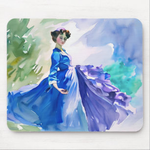 Tapis De Souris Dame en Robe Bleue - Peinture aquarelle