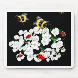 Tapis De Souris Dames abeilles coccinelles et fleurs blanches sur