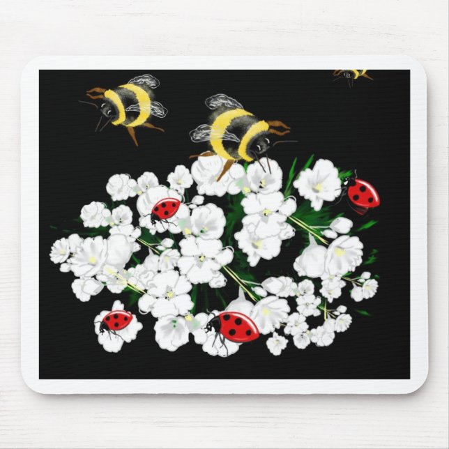 Tapis De Souris Dames abeilles coccinelles et fleurs blanches sur  (Devant)