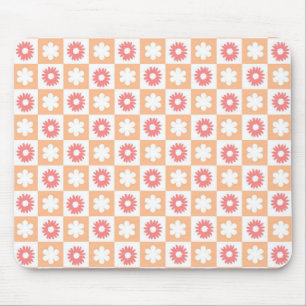 Tapis De Souris Damier Fleur Rose Pêche Moderne Rétro