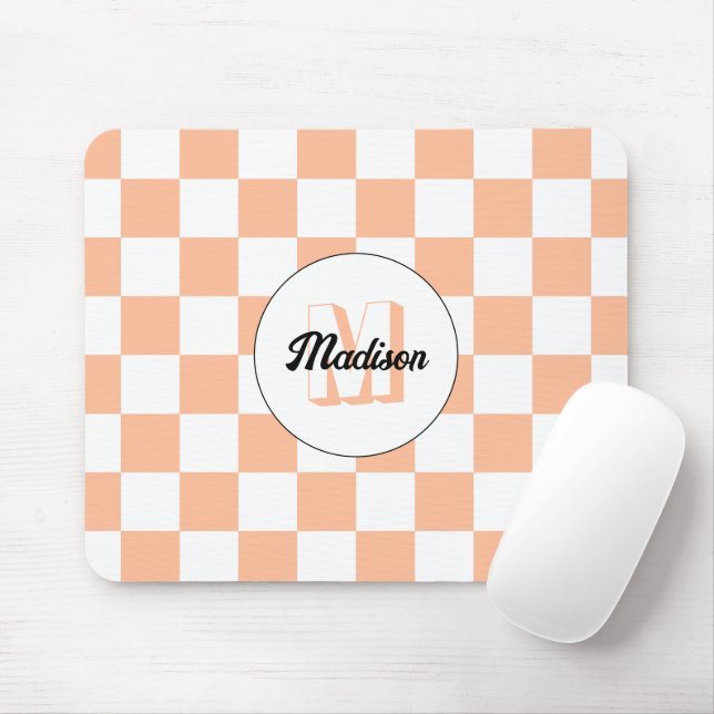 Tapis De Souris Damier pêche blanc géométrique rétro Monogramme (Avec souris)