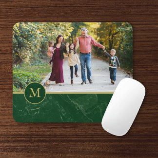 Tapis De Souris Dark Green Marble Tan Monogram Family Photo